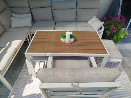 Zestaw mebli ogrodowych z narożnikiem modułowym, fotelem i pufami - Doros Corner XL - Polywood Cream