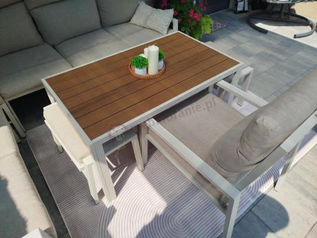 Zestaw mebli ogrodowych z narożnikiem modułowym, fotelem i pufami - Doros Corner XL - Polywood Cream