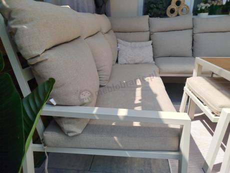Zestaw mebli ogrodowych z narożnikiem modułowym, fotelem i pufami - Doros Corner XL - Polywood Cream
