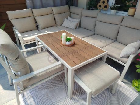 Zestaw mebli ogrodowych z narożnikiem modułowym, fotelem i pufami - Doros Corner XL - Polywood Cream