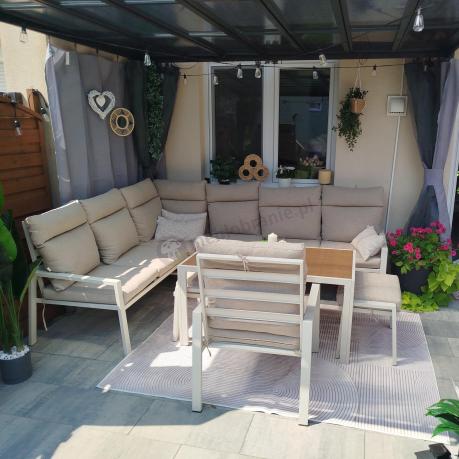 Zestaw mebli ogrodowych z narożnikiem modułowym, fotelem i pufami - Doros Corner XL - Polywood Cream