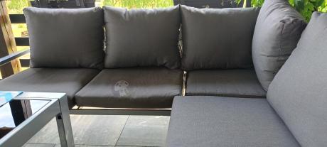 Zestaw mebli ogrodowych z narożnikiem modułowym, fotelem i pufami - Sodor Corner XL - Silver