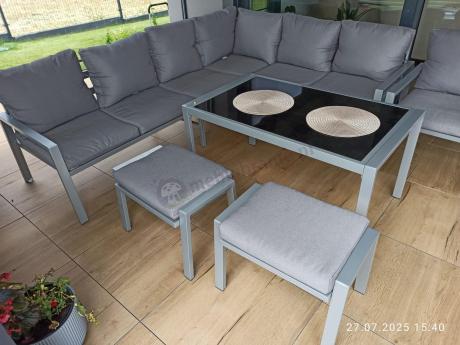 Zestaw mebli ogrodowych z narożnikiem modułowym, fotelem i pufami - Sodor Corner XL - Silver