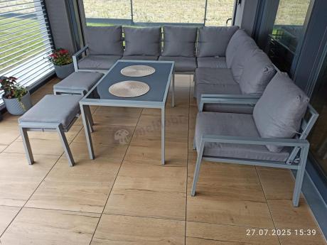 Zestaw mebli ogrodowych z narożnikiem modułowym, fotelem i pufami - Sodor Corner XL - Silver