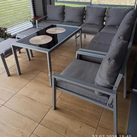 Zestaw mebli ogrodowych z narożnikiem modułowym, fotelem i pufami - Sodor Corner XL - Silver