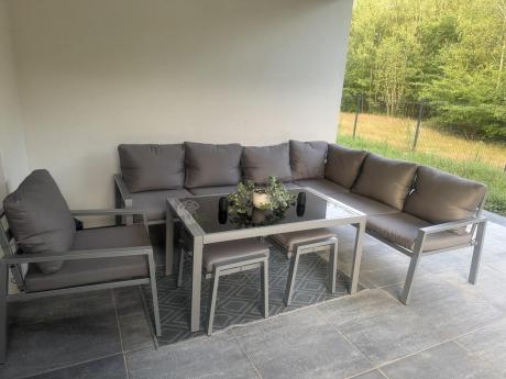 Zestaw mebli ogrodowych z narożnikiem modułowym, fotelem i pufami - Sodor Corner XL - Silver