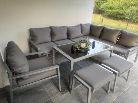 Zestaw mebli ogrodowych z narożnikiem modułowym, fotelem i pufami - Sodor Corner XL - Silver