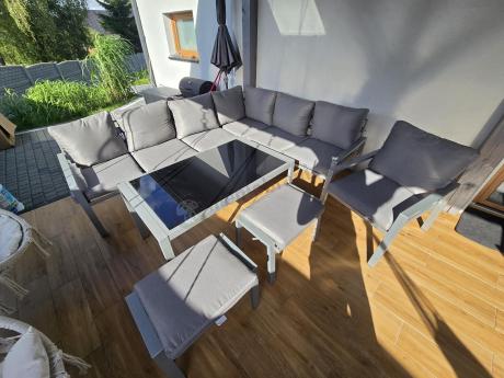 Zestaw mebli ogrodowych z narożnikiem modułowym, fotelem i pufami - Sodor Corner XL - Silver