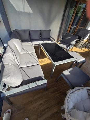 Zestaw mebli ogrodowych z narożnikiem modułowym, fotelem i pufami - Sodor Corner XL - Silver