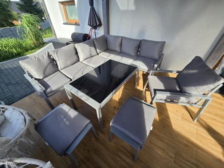 Zestaw mebli ogrodowych z narożnikiem modułowym, fotelem i pufami - Sodor Corner XL - Silver