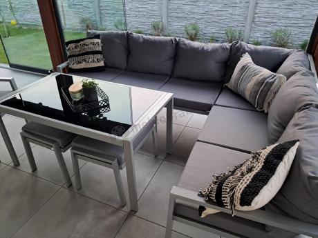 Zestaw mebli ogrodowych z narożnikiem modułowym, fotelem i pufami - Sodor Corner XL - Silver