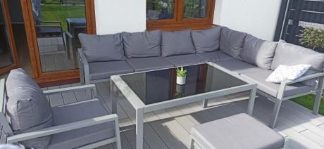 Zestaw mebli ogrodowych z narożnikiem modułowym, fotelem i pufami - Sodor Corner XL - Silver