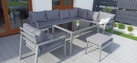 Zestaw mebli ogrodowych z narożnikiem modułowym, fotelem i pufami - Sodor Corner XL - Silver