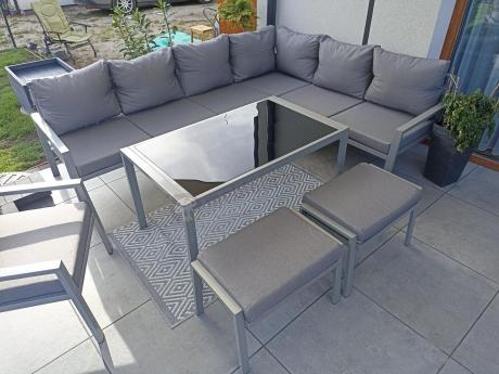 Zestaw mebli ogrodowych z narożnikiem modułowym, fotelem i pufami - Sodor Corner XL - Silver
