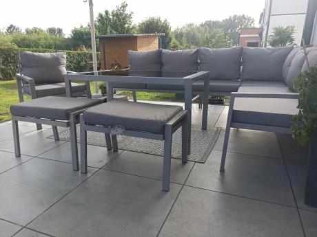 Zestaw mebli ogrodowych z narożnikiem modułowym, fotelem i pufami - Sodor Corner XL - Silver