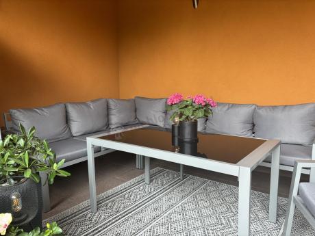 Zestaw mebli ogrodowych z narożnikiem modułowym, fotelem i pufami - Sodor Corner XL - Silver