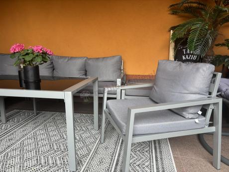 Zestaw mebli ogrodowych z narożnikiem modułowym, fotelem i pufami - Sodor Corner XL - Silver