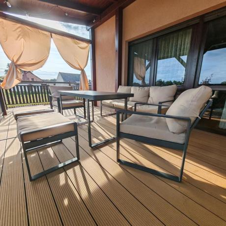 Zestaw mebli tarasowych - sofa 175cm, 2 fotele, 2 pufy, stolik szklany blat - Panaon Elite Plus Beige