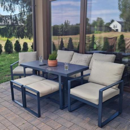 Zestaw mebli tarasowych - sofa 175cm, 2 fotele, 2 pufy, stolik szklany blat - Panaon Elite Plus Beige