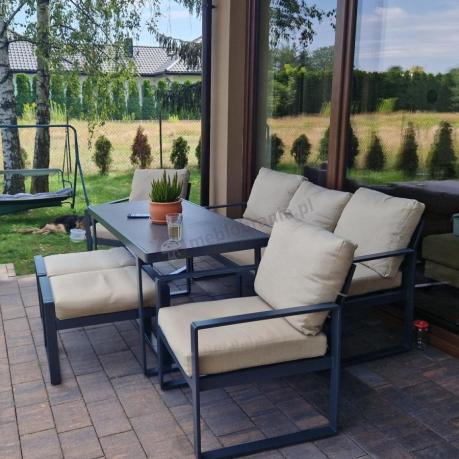 Zestaw mebli tarasowych - sofa 175cm, 2 fotele, 2 pufy, stolik szklany blat - Panaon Elite Plus Beige