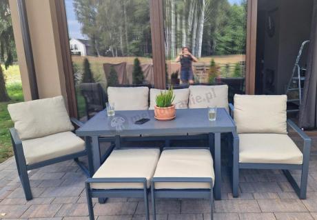 Zestaw mebli tarasowych - sofa 175cm, 2 fotele, 2 pufy, stolik szklany blat - Panaon Elite Plus Beige