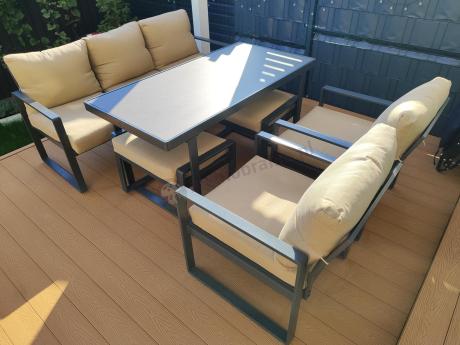 Zestaw mebli tarasowych - sofa 175cm, 2 fotele, 2 pufy, stolik szklany blat - Panaon Elite Plus Beige