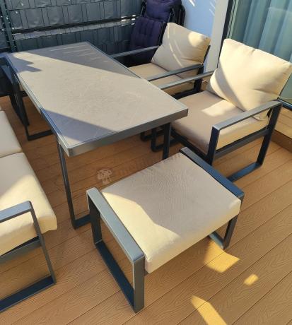 Zestaw mebli tarasowych - sofa 175cm, 2 fotele, 2 pufy, stolik szklany blat - Panaon Elite Plus Beige