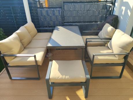 Zestaw mebli tarasowych - sofa 175cm, 2 fotele, 2 pufy, stolik szklany blat - Panaon Elite Plus Beige