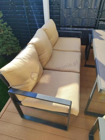 Zestaw mebli tarasowych - sofa 175cm, 2 fotele, 2 pufy, stolik szklany blat - Panaon Elite Plus Beige