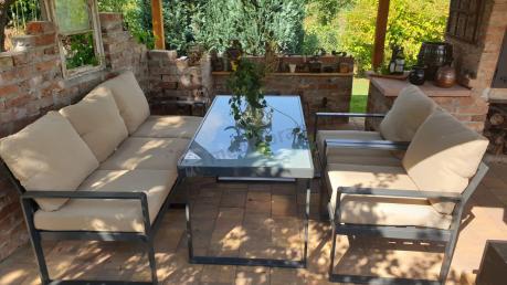 Zestaw mebli tarasowych - sofa 175cm, 2 fotele, stolik szklany blat - Panaon Dining Elite Beige