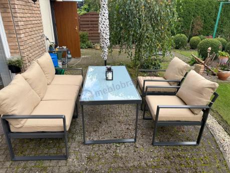 Zestaw mebli tarasowych - sofa 175cm, 2 fotele, stolik szklany blat - Panaon Dining Elite Beige
