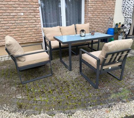 Zestaw mebli tarasowych - sofa 175cm, 2 fotele, stolik szklany blat - Panaon Dining Elite Beige