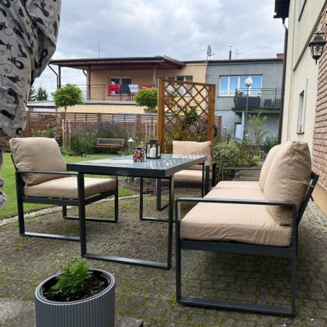 Zestaw mebli tarasowych - sofa 175cm, 2 fotele, stolik szklany blat - Panaon Dining Elite Beige