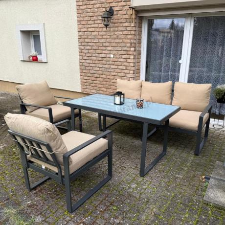 Zestaw mebli tarasowych - sofa 175cm, 2 fotele, stolik szklany blat - Panaon Dining Elite Beige