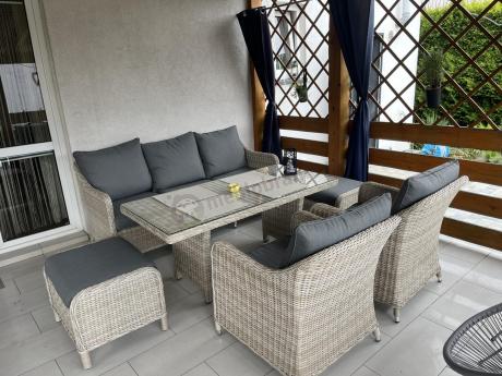 Zestaw mebli technorattanowych z sofą 180cm, fotelami, pufami i wysokim stołem Novici Dining Creme