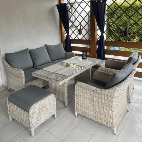 Zestaw mebli technorattanowych z sofą 180cm, fotelami, pufami i wysokim stołem Novici Dining Creme