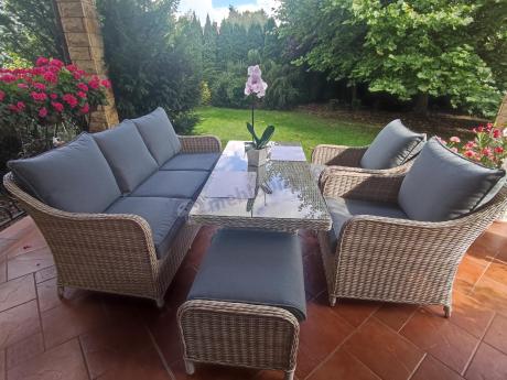 Zestaw mebli technorattanowych z sofą 180cm, fotelami, pufami i wysokim stołem Novici Dining Creme