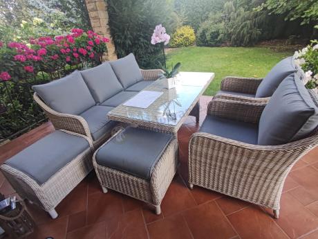 Zestaw mebli technorattanowych z sofą 180cm, fotelami, pufami i wysokim stołem Novici Dining Creme