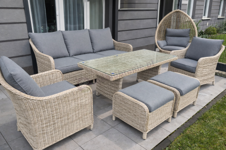 Zestaw mebli technorattanowych z sofą 180cm, fotelami, pufami i wysokim stołem Novici Dining Creme