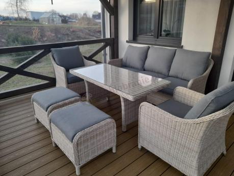 Zestaw mebli technorattanowych z sofą 180cm, fotelami, pufami i wysokim stołem Novici Dining Creme