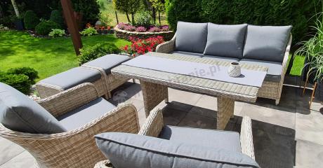 Zestaw mebli technorattanowych z sofą 180cm, fotelami, pufami i wysokim stołem Novici Dining Creme