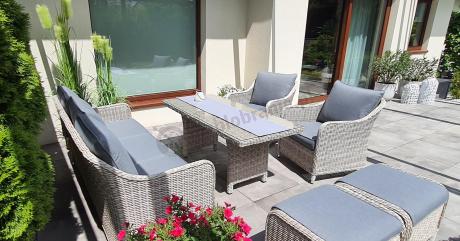 Zestaw mebli technorattanowych z sofą 180cm, fotelami, pufami i wysokim stołem Novici Dining Creme