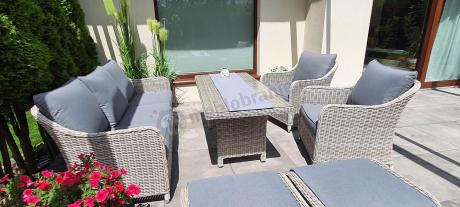 Zestaw mebli technorattanowych z sofą 180cm, fotelami, pufami i wysokim stołem Novici Dining Creme