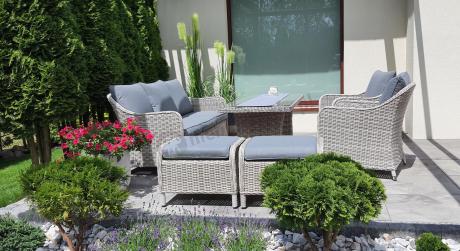 Zestaw mebli technorattanowych z sofą 180cm, fotelami, pufami i wysokim stołem Novici Dining Creme