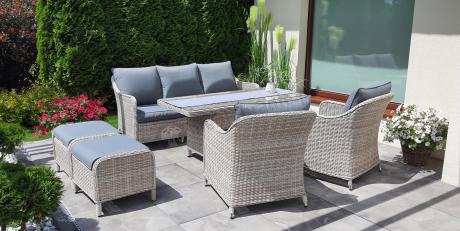 Zestaw mebli technorattanowych z sofą 180cm, fotelami, pufami i wysokim stołem Novici Dining Creme