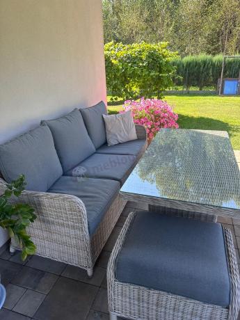 Zestaw mebli technorattanowych z sofą 180cm, fotelami, pufami i wysokim stołem Novici Dining Creme