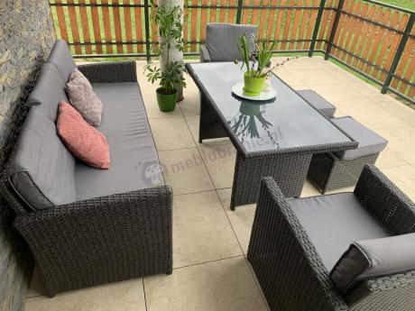 Zestaw mebli z sofą 186cm, wysokim stołem, fotelami i pufami Cofete Dining – Anthracite