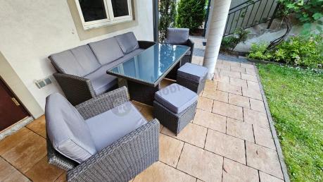 Zestaw mebli z sofą 186cm, wysokim stołem, fotelami i pufami Cofete Dining – Anthracite
