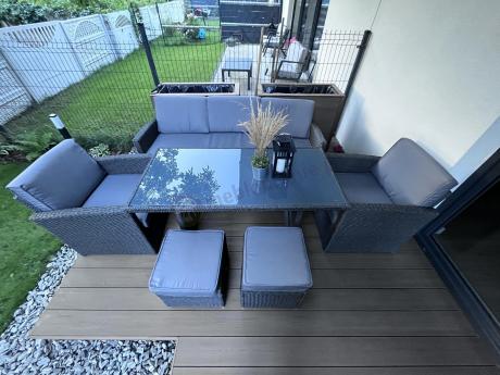 Zestaw mebli z sofą 186cm, wysokim stołem, fotelami i pufami Cofete Dining – Anthracite