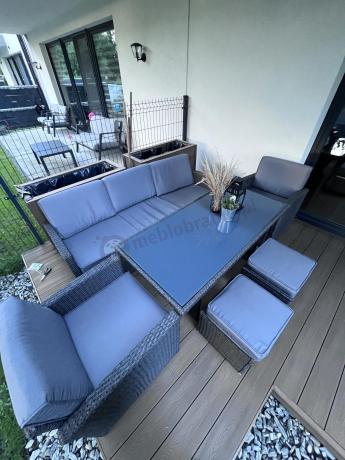 Zestaw mebli z sofą 186cm, wysokim stołem, fotelami i pufami Cofete Dining – Anthracite
